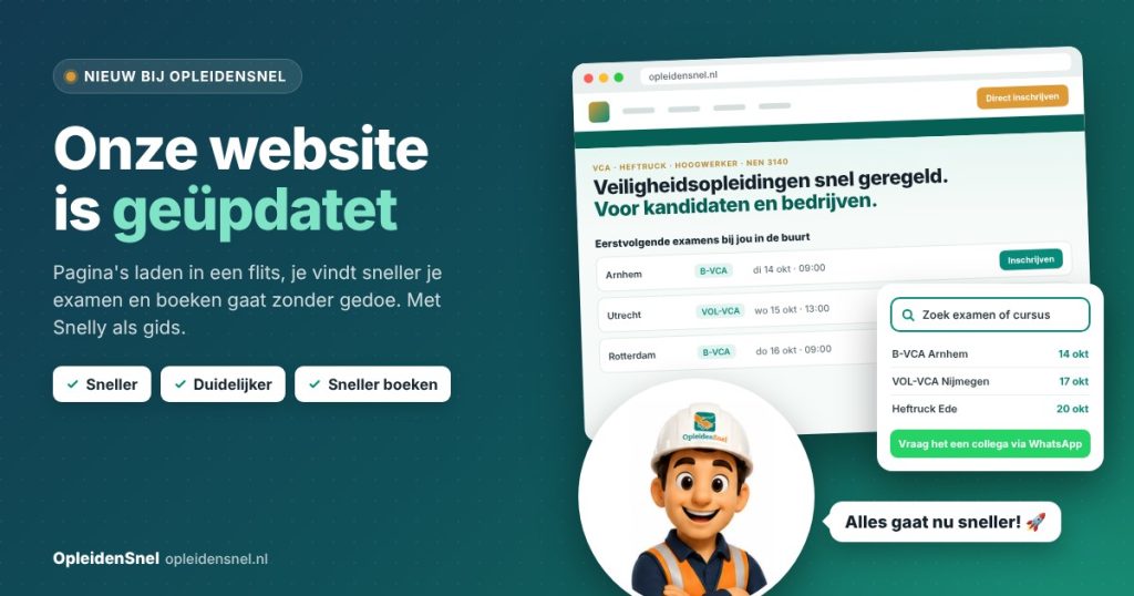Snelly van OpleidenSnel naast de vernieuwde website met examens per stad en een zoekveld voor examens en cursussen